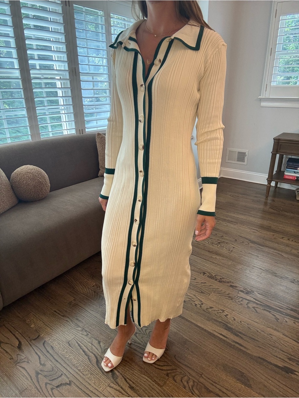 Cream Ribbed Long-Sleeve Button-Front Knit Dress with Green Trim